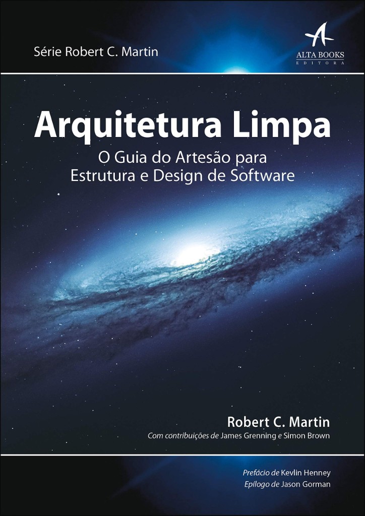 Capa de Arquitetura Limpa: galáxia espiral em tons de azul e branco no espaço